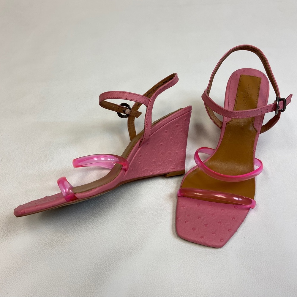 EUC JAGGAR The Label Millennium Wedge Neon Pink ostrich leather Size 10 AUS 41